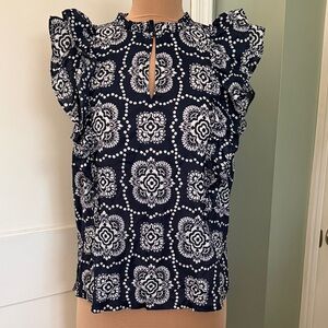 Ann Taylor Elegant Navy and White Patterned Ruffle Blouse Size Medium